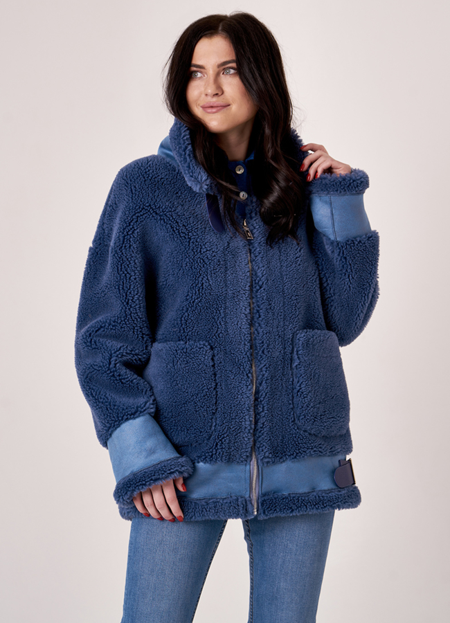 Жакет из шерсти в синем цвете модель № 19430 меха малина