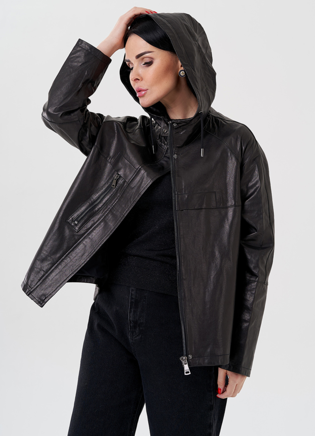 Женская куртка из натуральной кожи с капюшоном  модель № 24091 универмаг малина