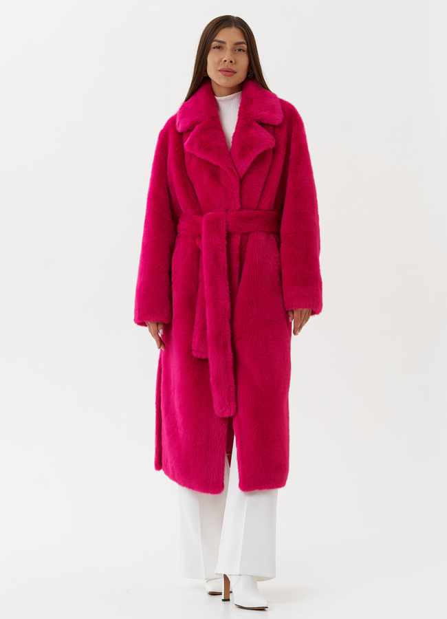 Длинное пальто из эко меха розового цвета модель № 27799 меха малина