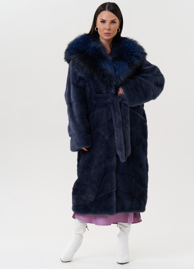 Шуба из меха норки с капюшоном из чернобурки модель № 24-5068 меха малина