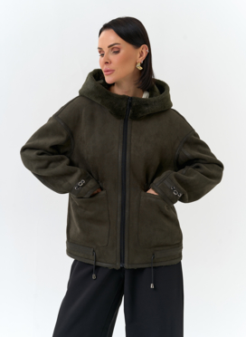 Женская дубленка из эко замши с капюшоном