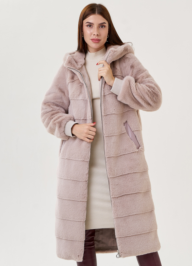 Пальто из искусственного меха с капюшоном модель № 79331 меха малина