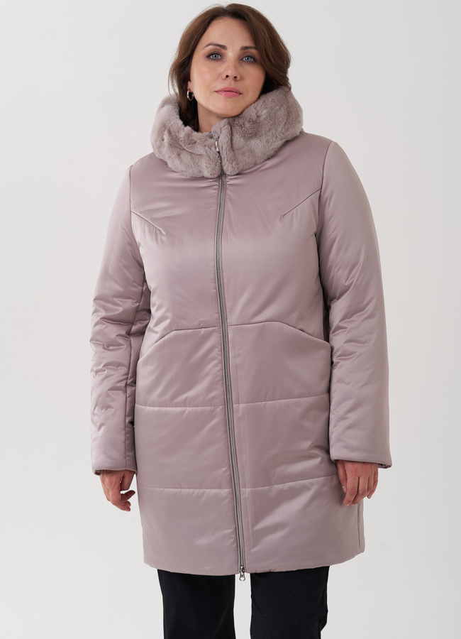 фото Женский пуховик с отделкой капюшона из кролика модель № 24962