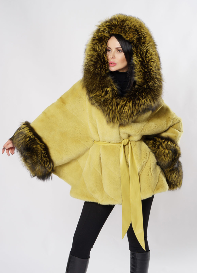 Норковая шуба желтого цвета с капюшоном  модель № S-850 универмаг малина