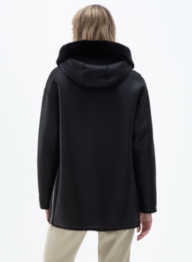 Женская двухсторонняя дубленка из эко кожи с капюшоном