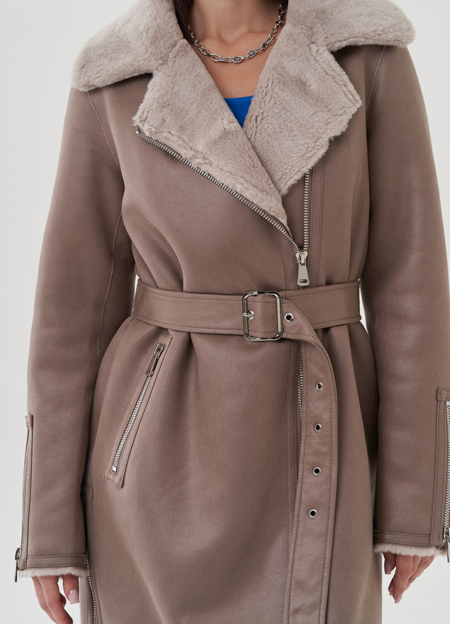 Удлиненная дубленка из эко замши в цвете мокко модель № 25411 универмаг малина