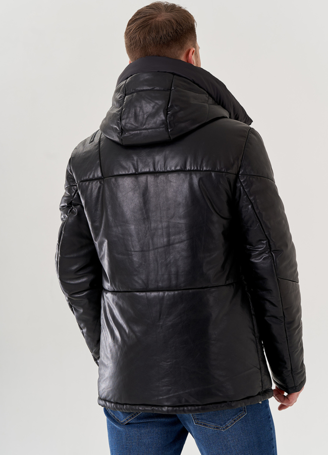 Мужской пуховик из натуральной кожи с капюшоном  модель № 79464 универмаг малина