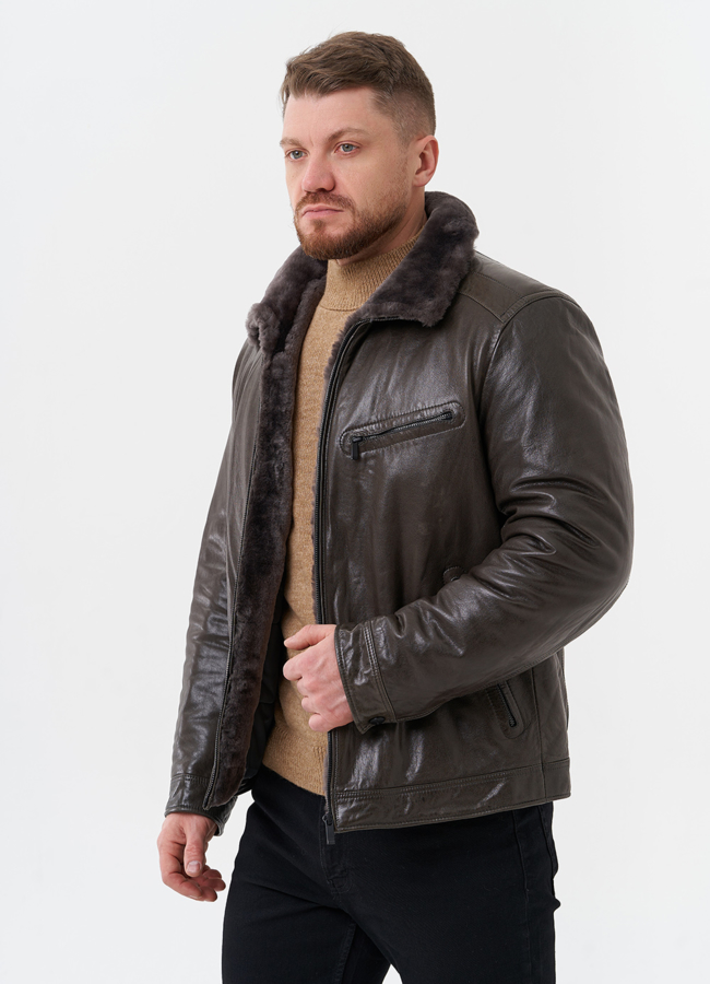 Пуховик из натуральной кожи с отделкой из овчины модель № 28948 универмаг малина