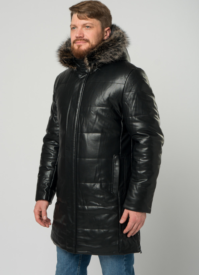 Мужской пуховик из эко кожи черного цвета с капюшоном модель № 21968 универмаг малина