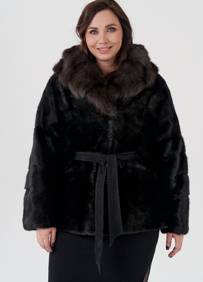 Укороченная шуба из норки с отделкой из куницы модель № 23985 в рассрочку