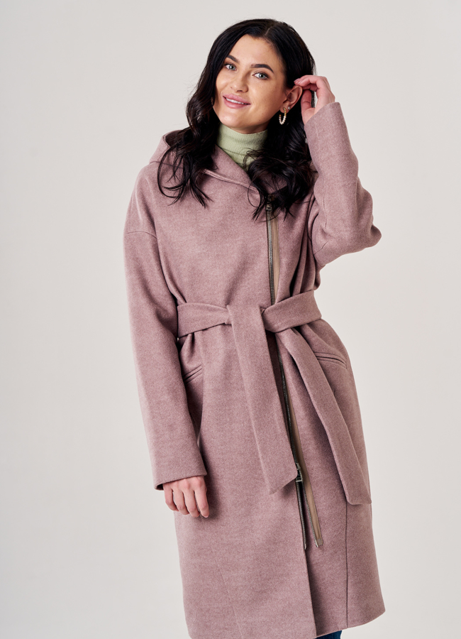 Пальто женское с капюшоном на поясе модель № 20563 меха малина