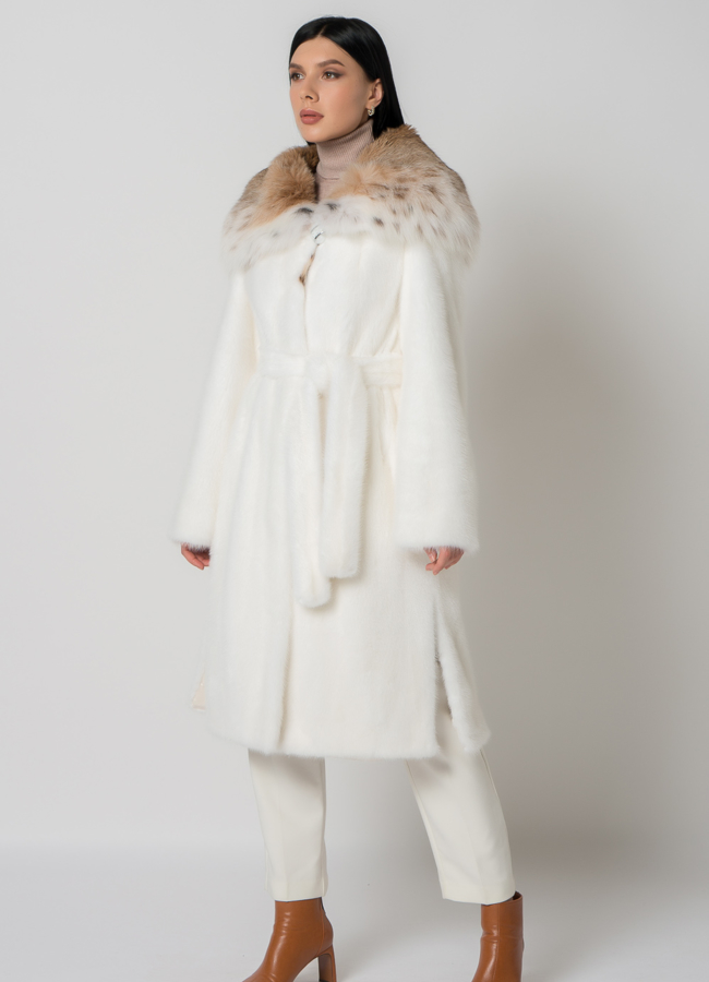 Белая норковая шуба с рысью модель № 1402 универмаг малина