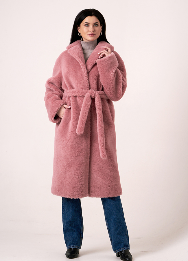 Шуба из эко меха розового цвета на поясе модель № 18433 универмаг малина