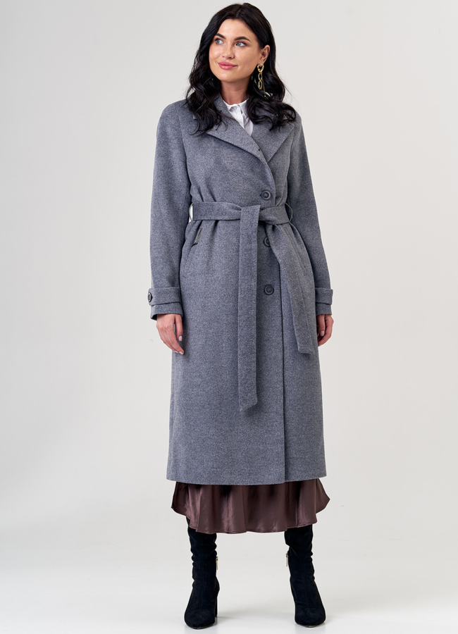 фото Женское пальто серого цвета с поясом модель № 21373