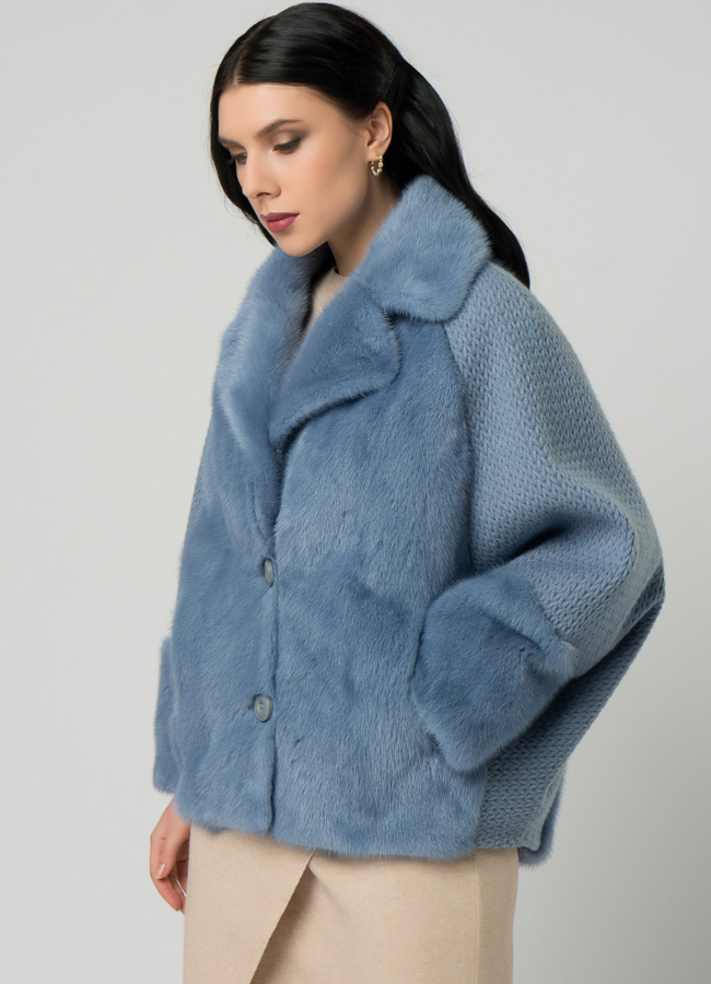 Кардиган голубого цвета с отделкой из норки модель № 21857 в кредит