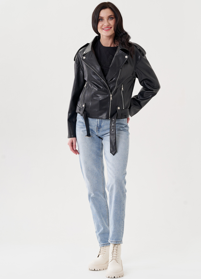 Женская куртка косуха из эко кожи  модель № 24445 меха малина