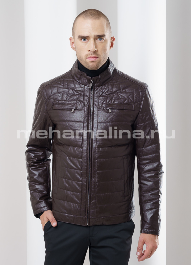 Кожаная куртка модель № KP-158 меха малина