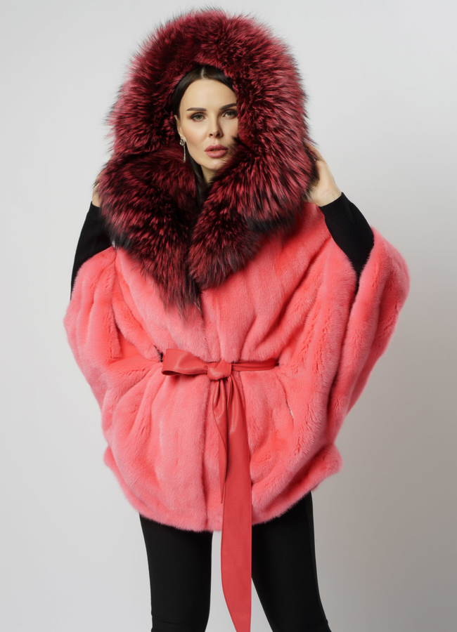 Укороченная норковая шуба с капюшоном в розовом цвете модель № 2012-8 универмаг малина