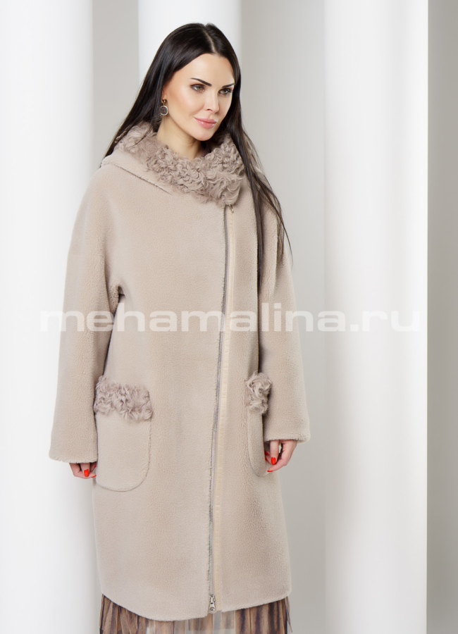 Пальто из шерсти с капюшоном модель № 917 меха малина