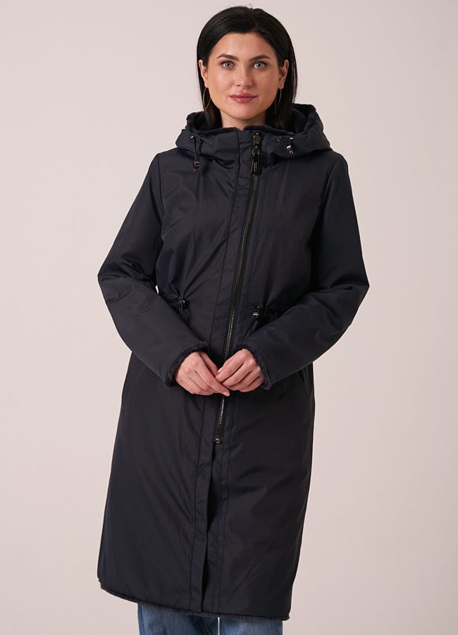 Шуба из искусственного меха двусторонняя синего цвета  модель №  1062 в кредит