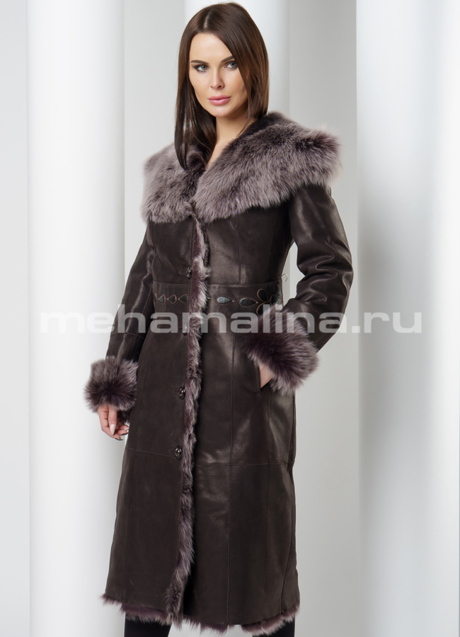 Дубленка на пуговицах модель № D-188 меха малина