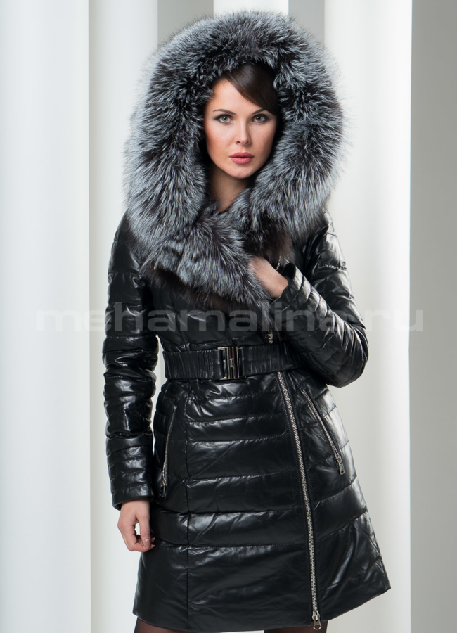 Кожаный пуховик с чернобуркой модель № П-25 в кредит