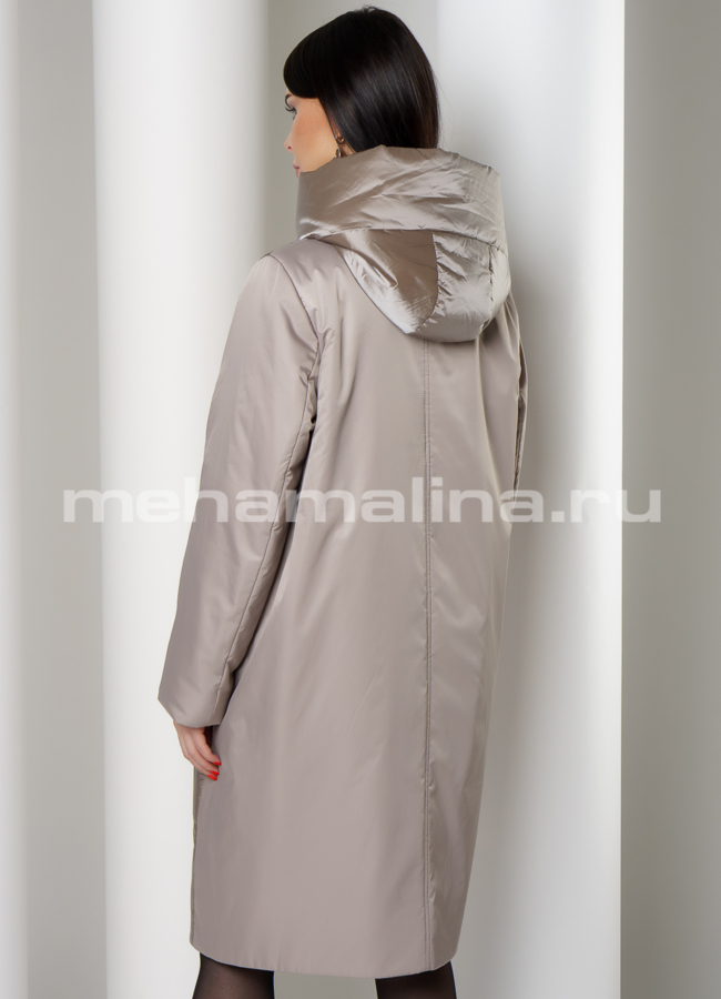 Пальто бежевого цвета на молнии с капюшоном модель № 1860 в кредит