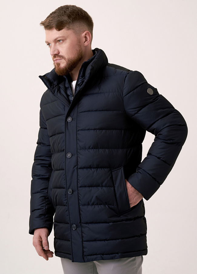 Куртка синего цвета прямая на био пухе модель № 3254 меха малина