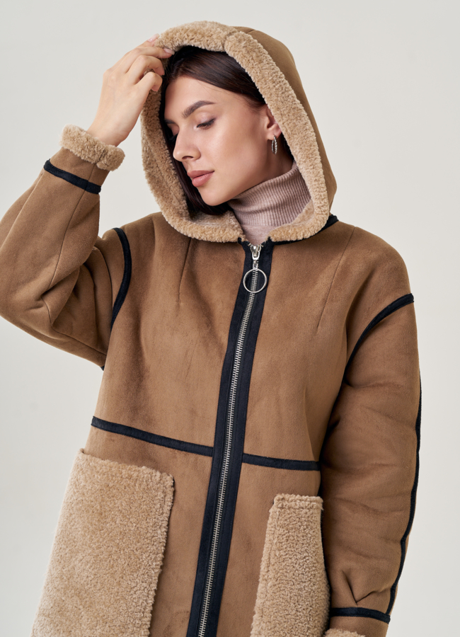 Женская дубленка из искусственного меха с капюшоном  модель № 22958 универмаг малина