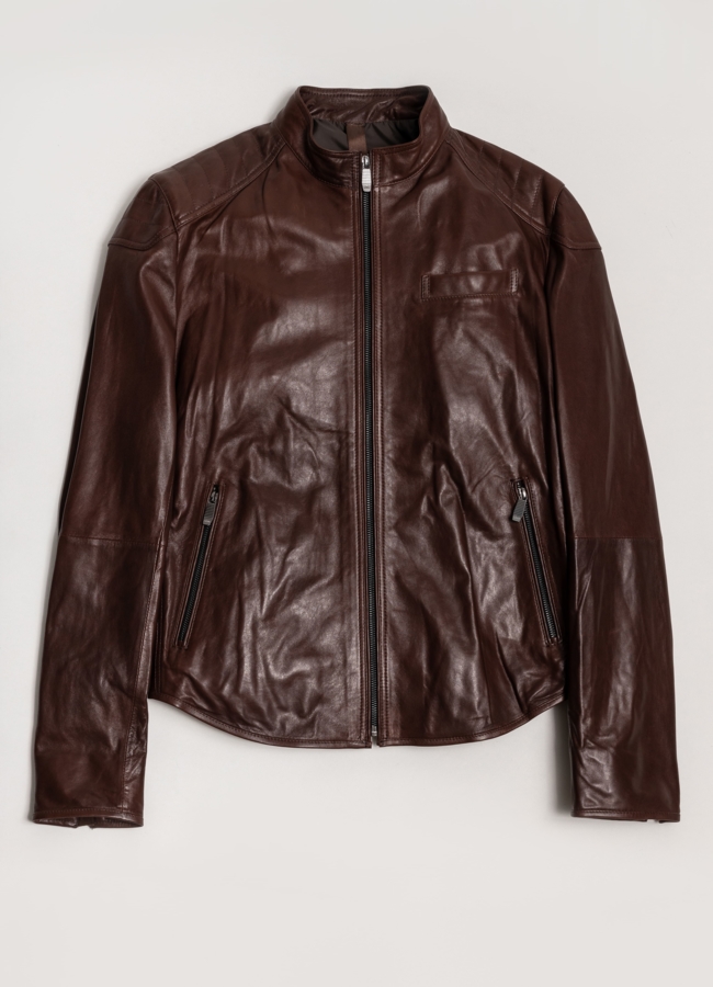 Куртка кожаная коричневого цвета модель № 21400 меха малина