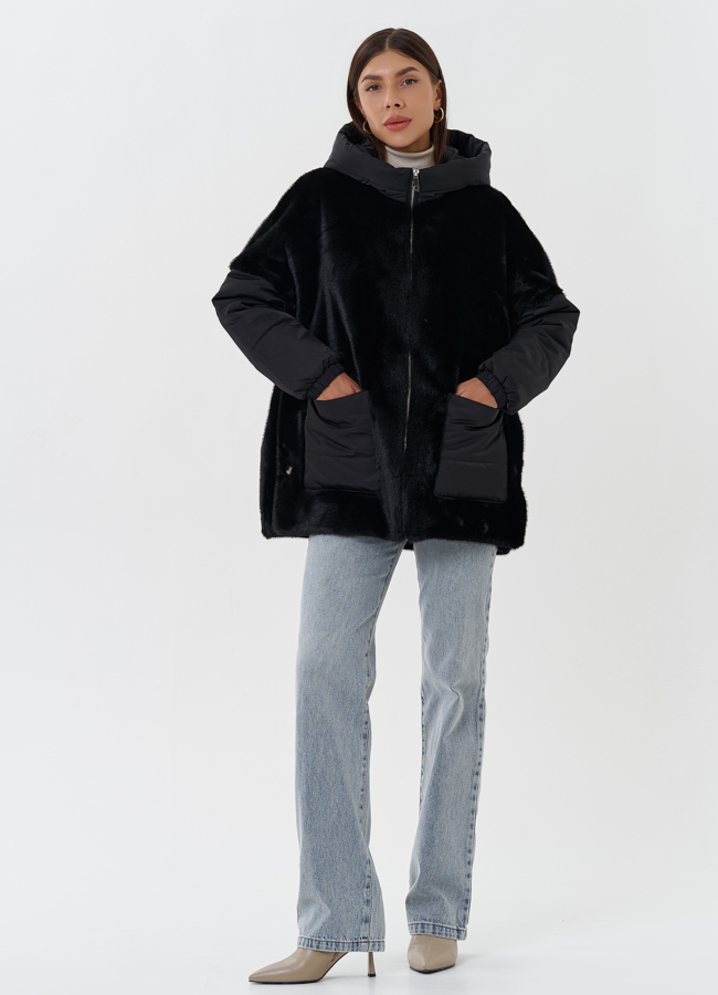 Женская комбинированная куртка с капюшоном модель № 27746 в кредит