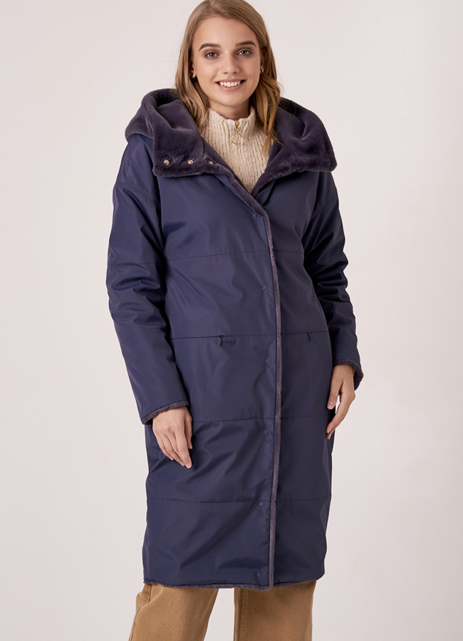 фото Эко шуба синего цвета с капюшоном модель № 19075