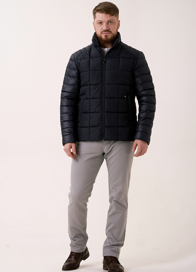 Мужской пуховик синего цвета со стойкой модель № 86 меха малина