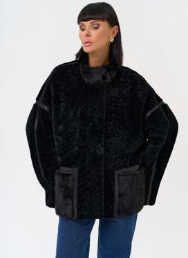 Женская двухсторонняя дубленка с воротником стойкой