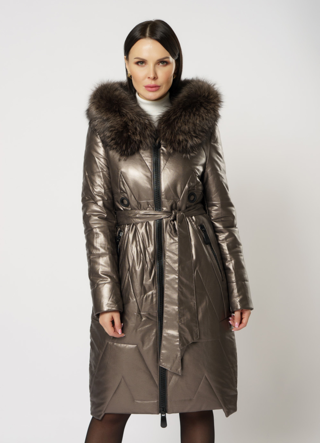 Пуховик из эко кожи с капюшоном на молнии модель № 18261 меха малина Пуховик из эко кожи с капюшоном на молнии модель № 18261 меха малина