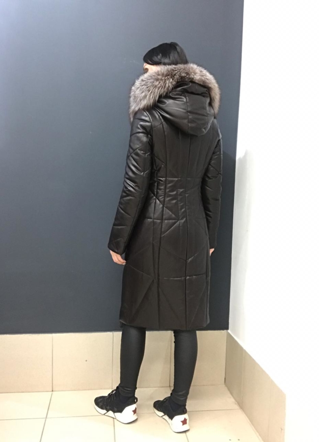 фото Пуховик из эко кожи с меховой отделкой  модель № 6160