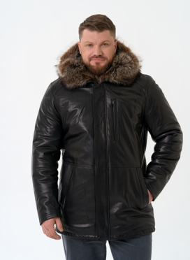 Мужская натуральная дубленка на волке с отделкой из меха енота