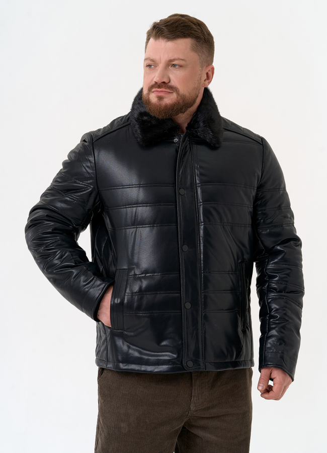 Пуховик из эко кожи с воротником стойкой модель № 31723 в кредит