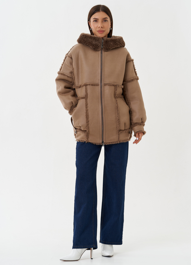 Двухсторонняя дубленка из эко кожи модель № 28652 меха малина