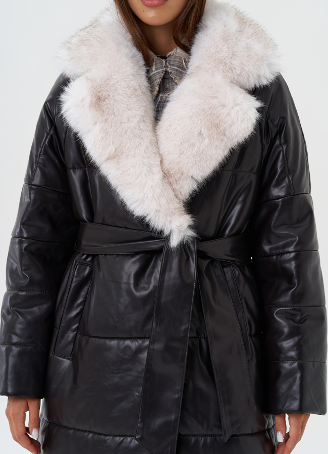 Пуховик из эко кожи с английским воротником модель № 23364 в рассрочку