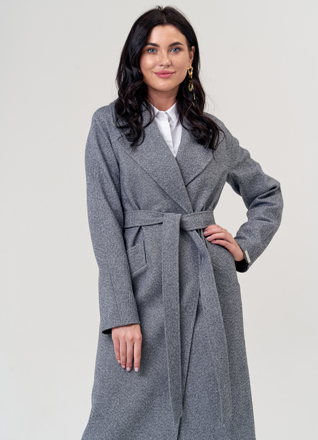 Женское пальто серого цвета с английским воротником модель № 21305 меха малина