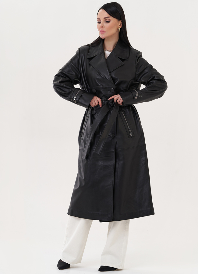 Плащ из натуральной кожи с английским воротником модель № 26953 меха малина