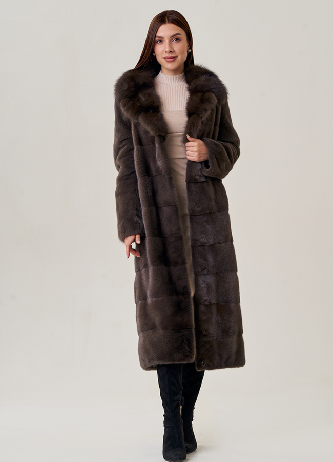 Длинная шуба из норки с куницей модель № 2202 универмаг малина