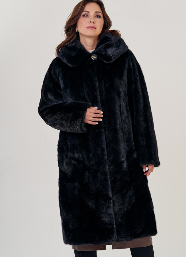 Шуба из норки в черном цвете с капюшоном модель № 23148 универмаг малина