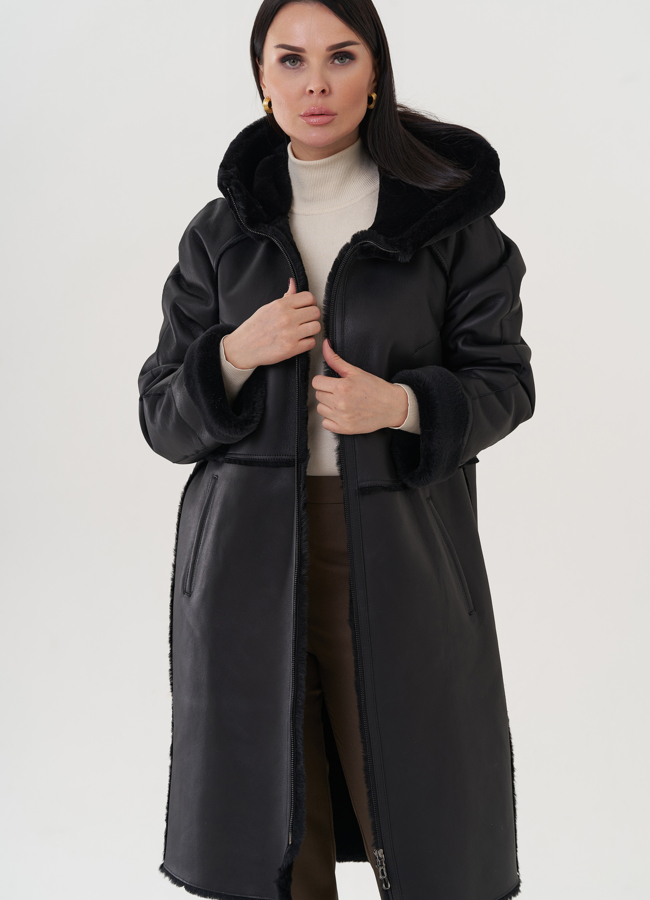 фото Дубленка женская с капюшоном  модель № 25915