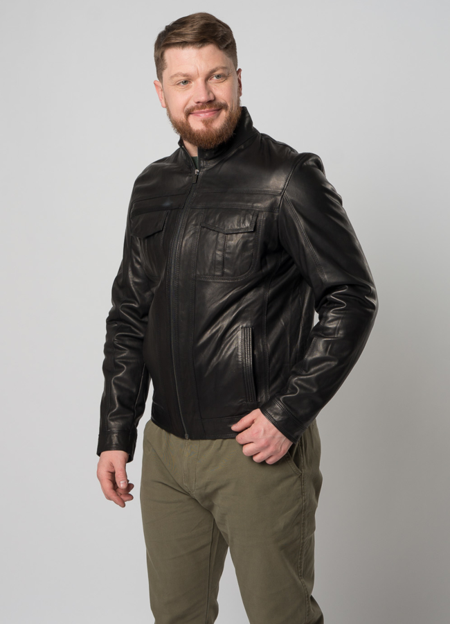 Кожаная куртка черного цвета модель № 05 меха малина