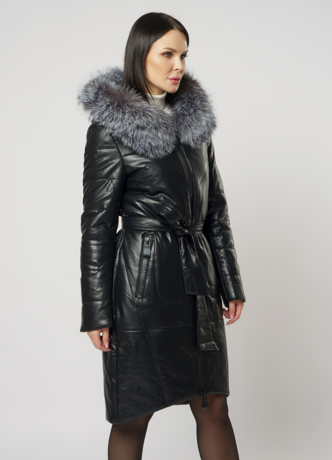 Пуховик из эко кожи с чернобуркой  модель № 18256 универмаг малина