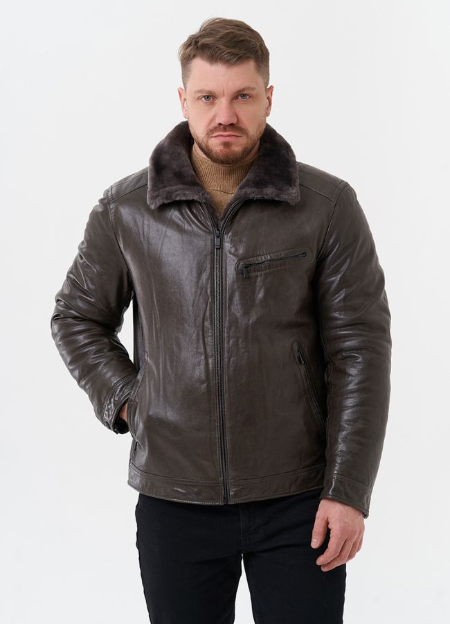 Пуховик из натуральной кожи с отделкой из овчины модель № 28948 меха малина