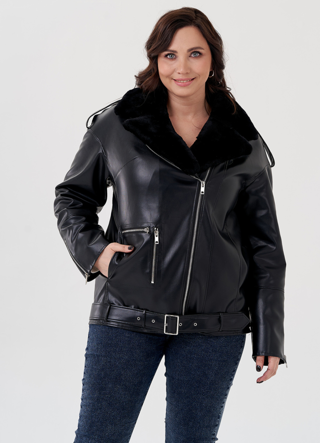 Куртка-косуха из эко кожи на утеплителе с натуральным мутоном модель № 24213 меха малина Куртка-косуха из эко кожи на утеплителе с натуральным мутоном модель № 24213 меха малина