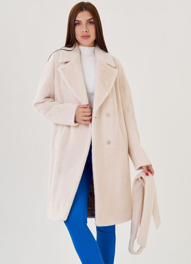 Светлое демисезонное пальто  модель № 79165 меха малина